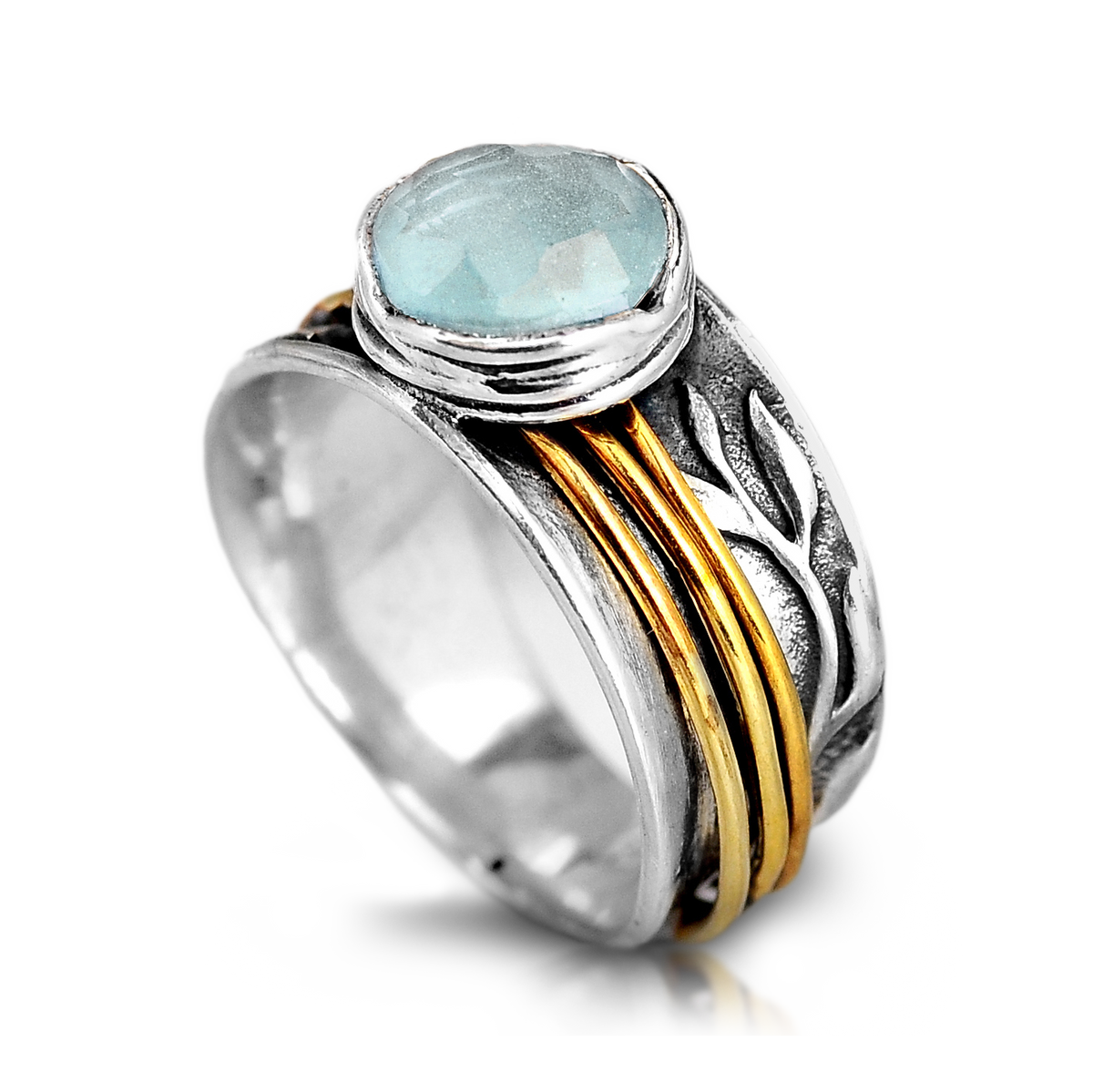 Anillo giratorio de plata con aguamarina