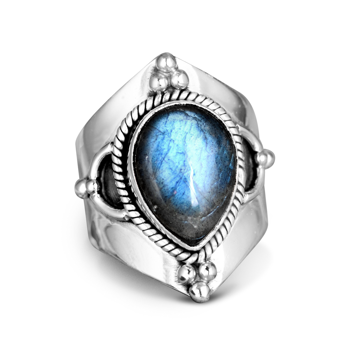 Anillo de plata con labradorita en gota
