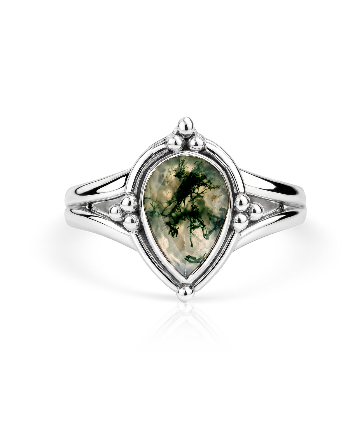 Anillo de ágata musgo en forma de lágrima