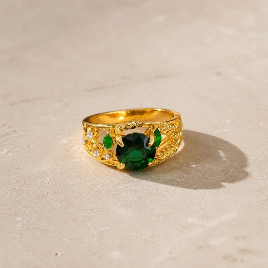 Anillo de oro con cristal verde exótico