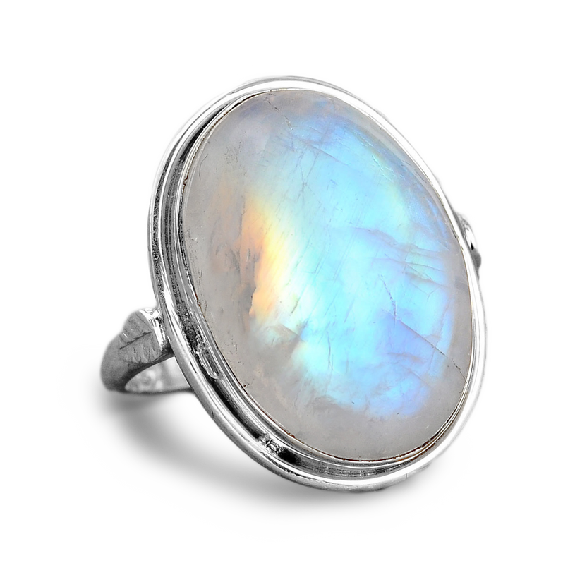 Anillo de plata con piedra lunar arcoíris