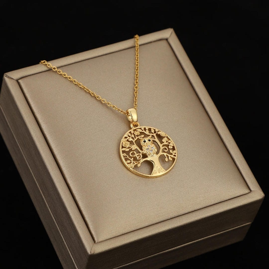 Collar dorado de búho del bosque con circonitas – imagen 3