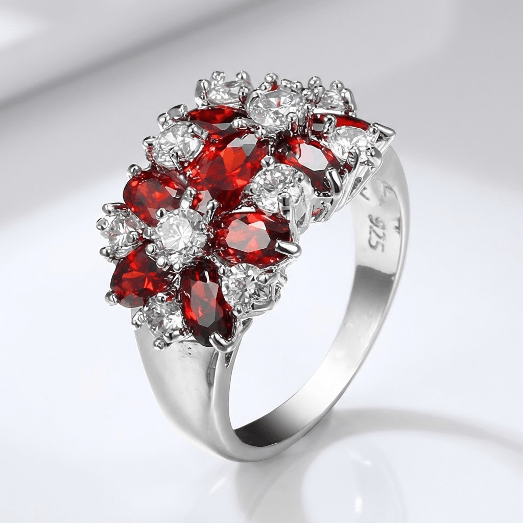 Anillo de flor de granate carmesí