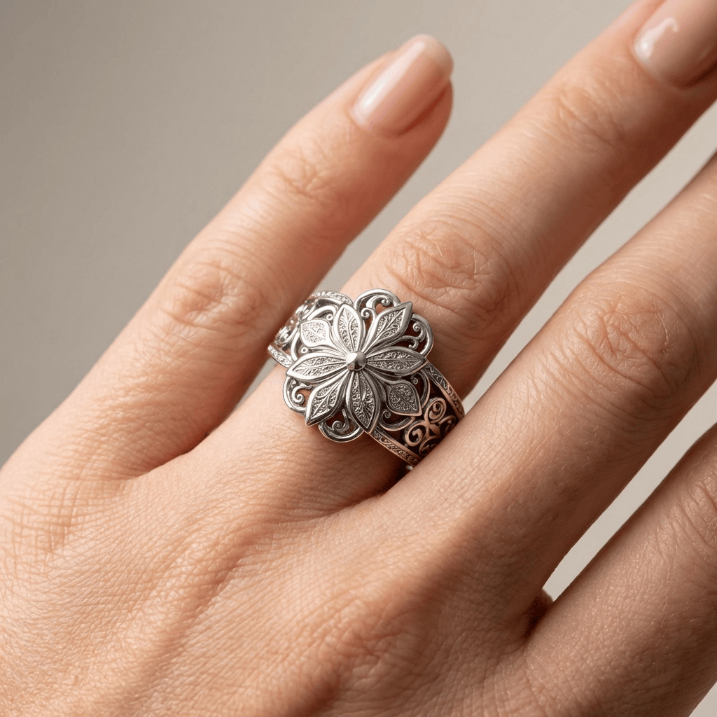 Anillo de flor de circonita en plata – imagen 2