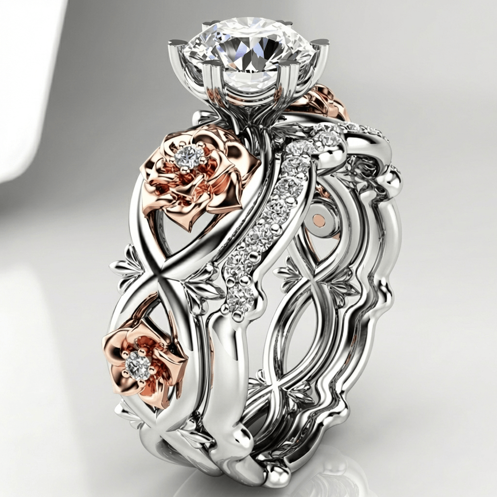 Anillo floral llamativo de diamantes