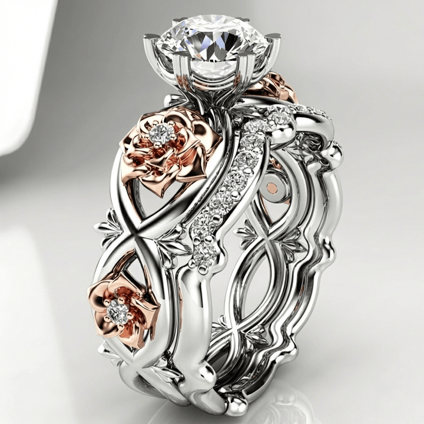 Anillo floral llamativo de diamantes