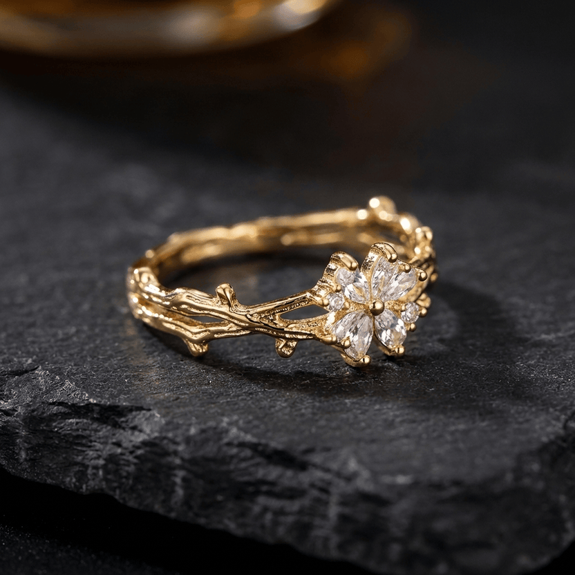 Anillo dorado con flor de rama