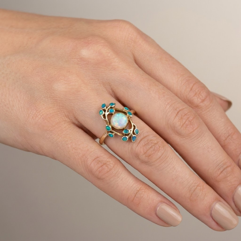 Anillo vintage de ópalo con flor – imagen 2