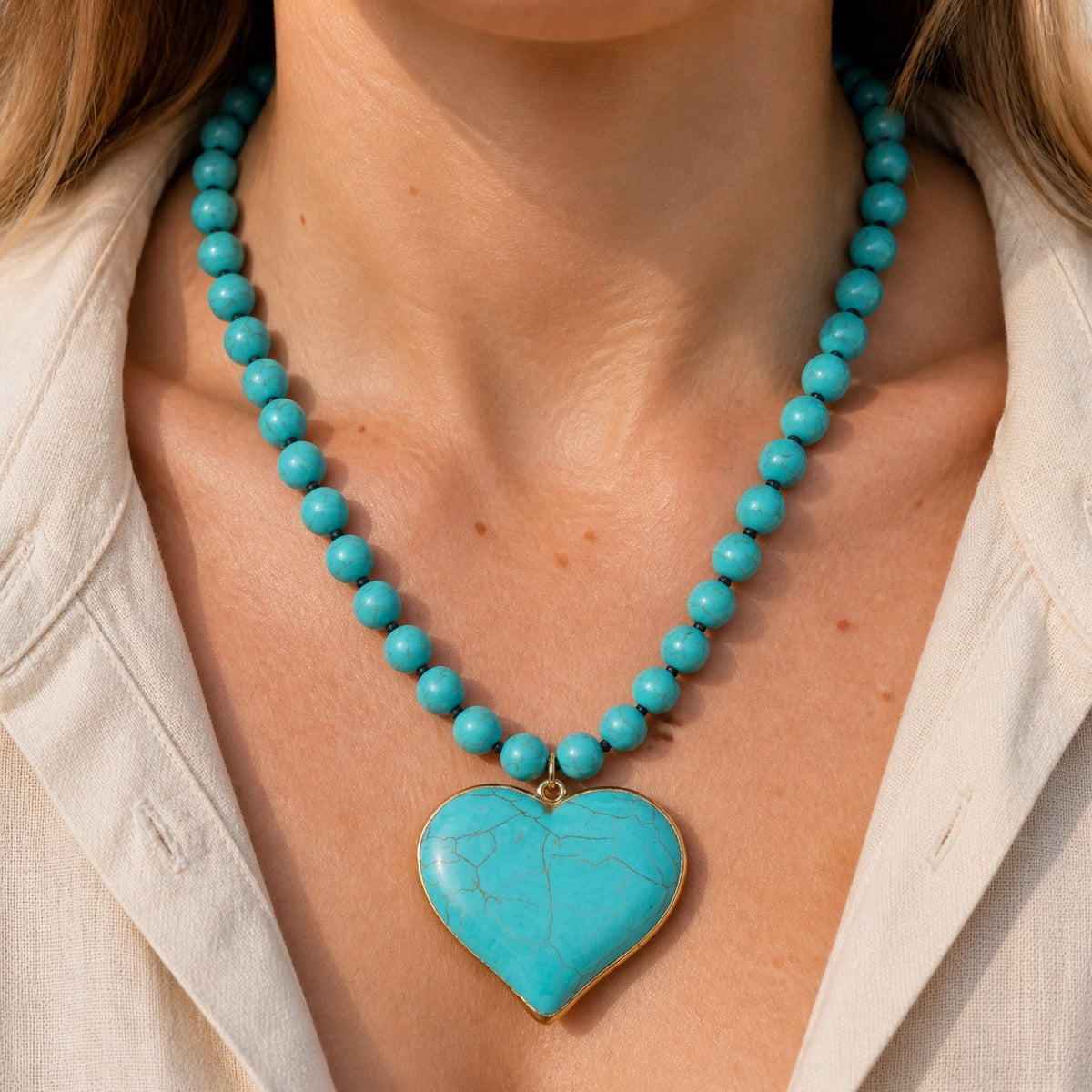 Collar de cuentas con piedra de turquesa en forma de corazón