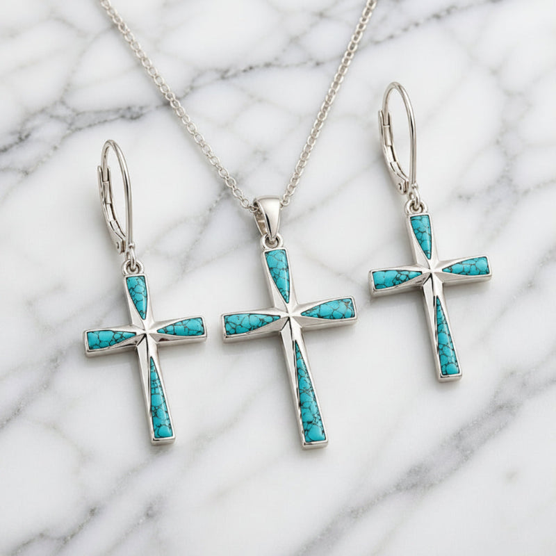 Set de pendientes y collar con cruz de turquesa