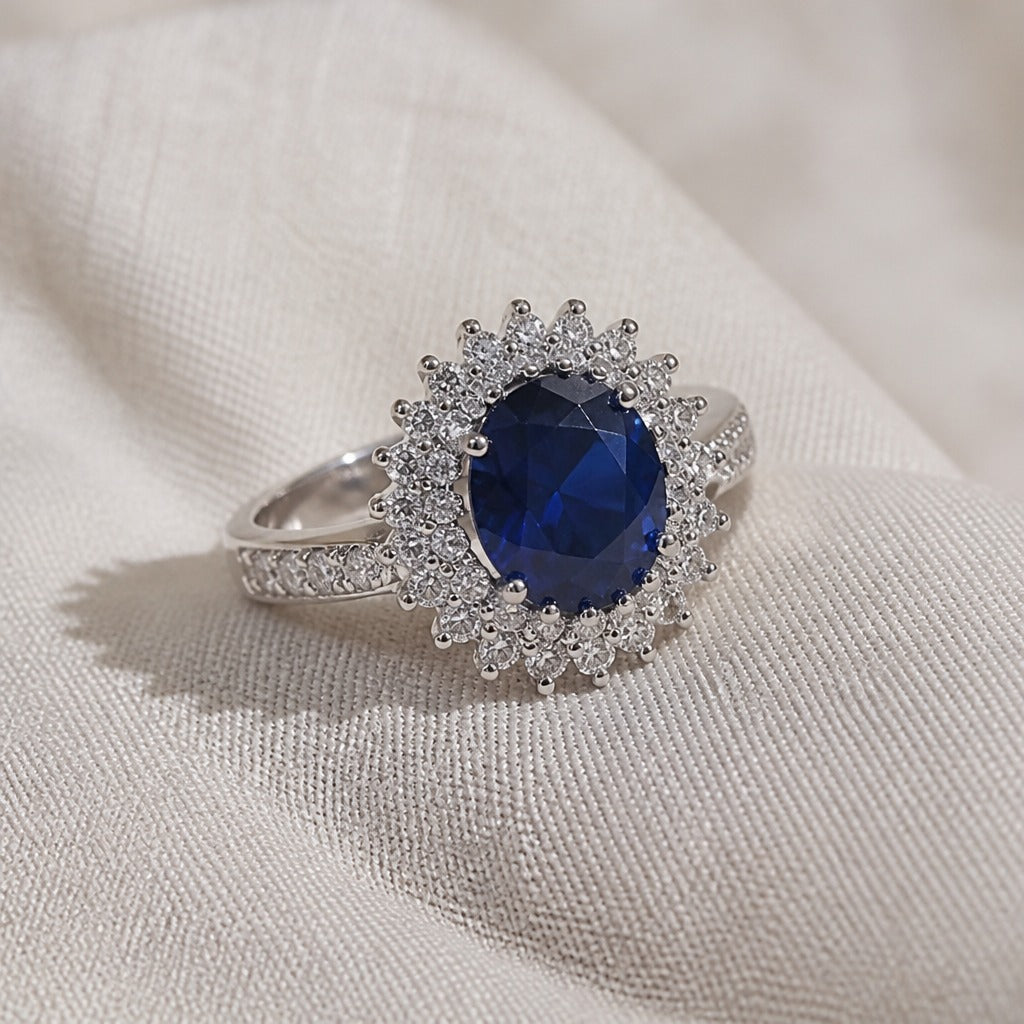 Anillo exquisito de plata con circonita cúbica azul