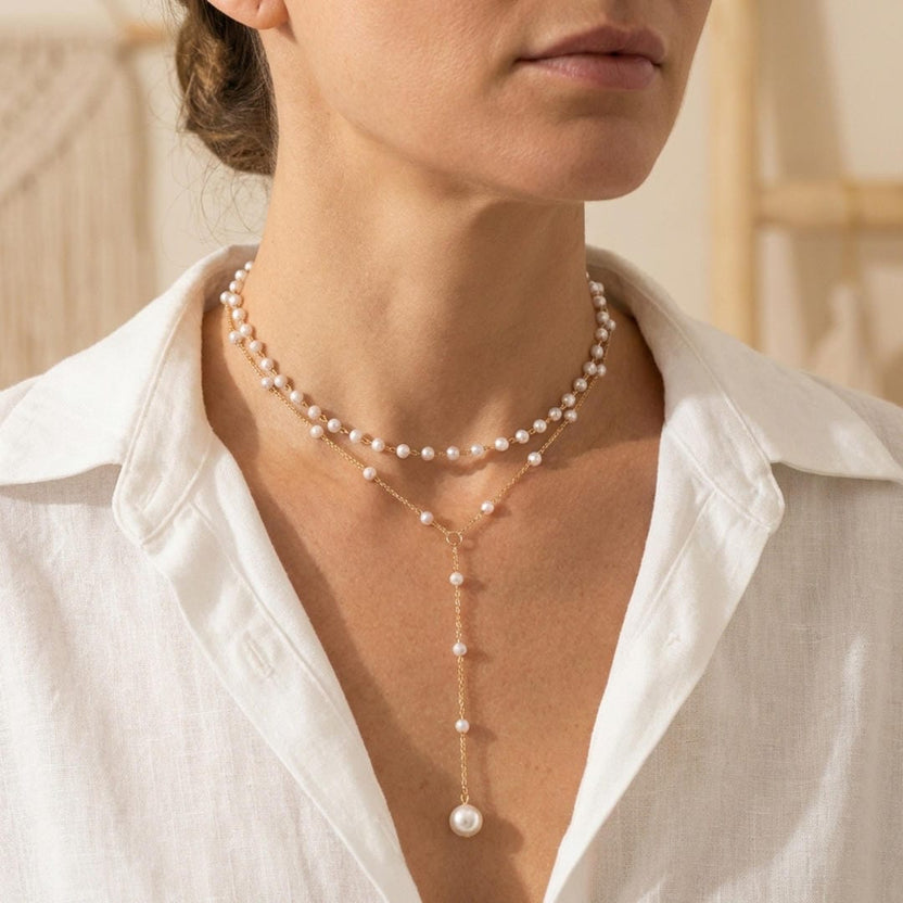 Collar de perlas en Y con cadena en capas