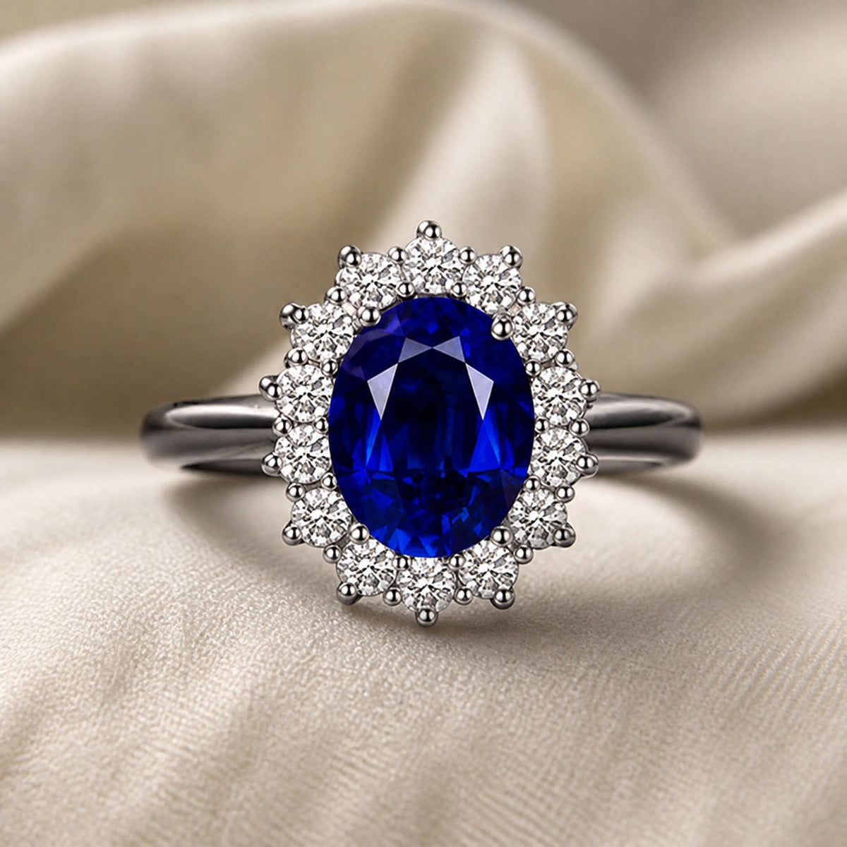 Anillo halo clásico de zafiro