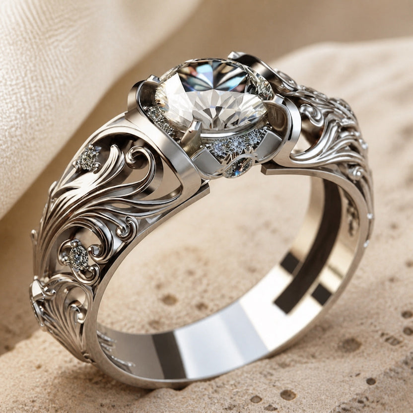 Anillo exquisito de circonita grabado