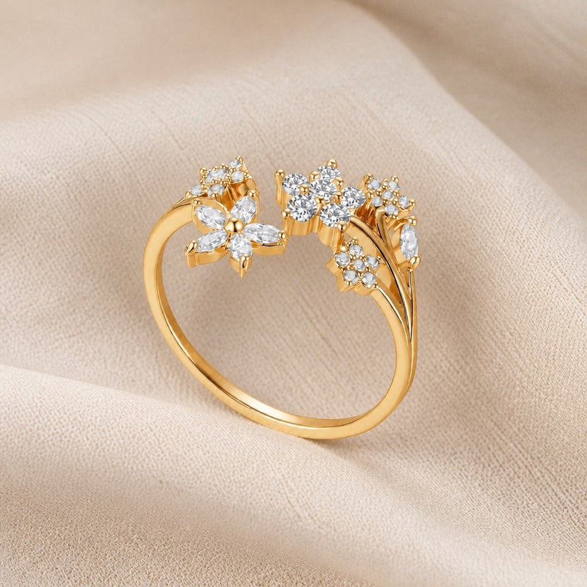 Anillo abierto de circonita con flor de lujo