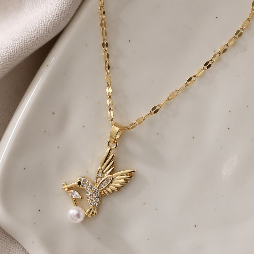 Collar colgante de colibrí con perla – imagen 2