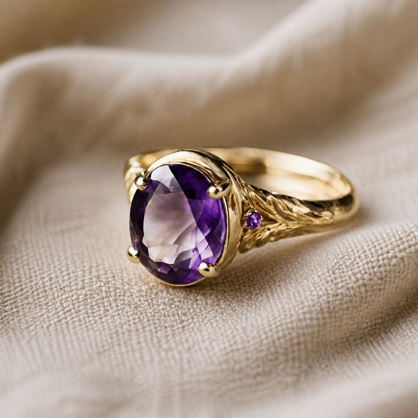 Anillo bohemio de oro con amatista tallada