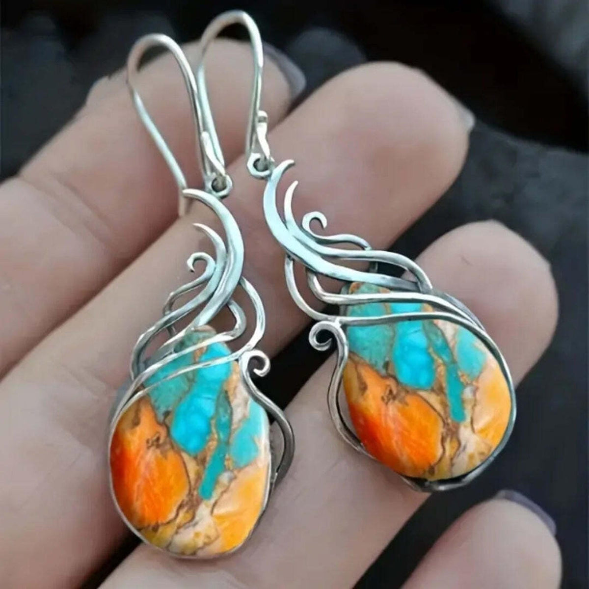 Pendientes colgantes de piedra azul y naranja