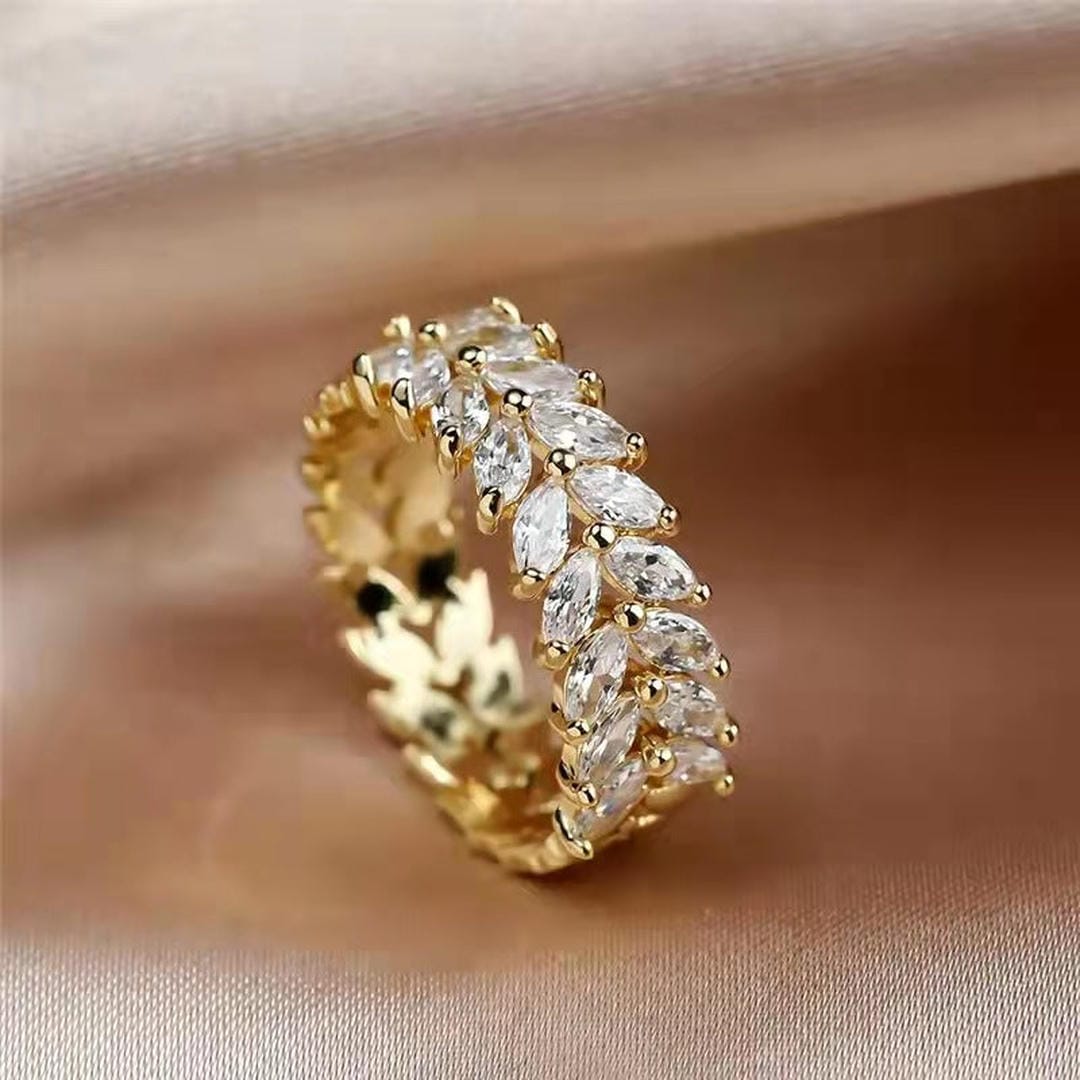 Anillo de lujo con hoja y cristal blanco – imagen 2