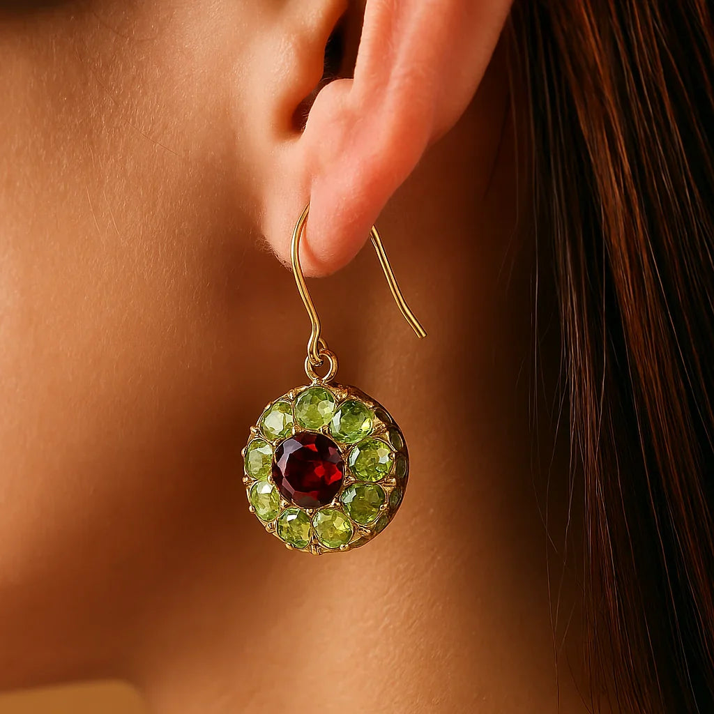 Pendientes retro redondos de cristal en verde y rojo – imagen 2