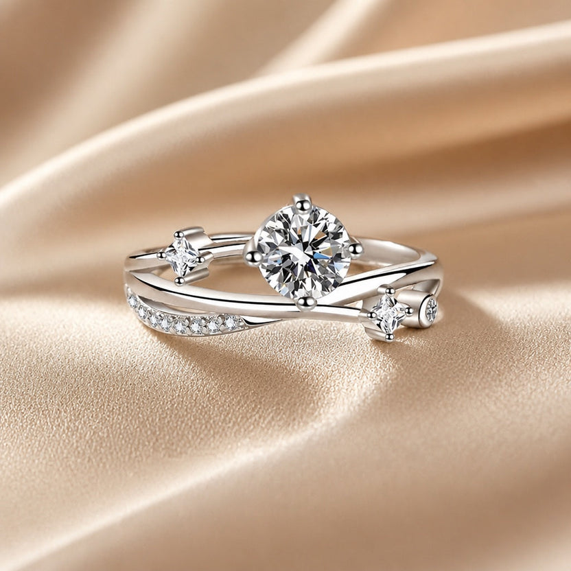Anillo de circonita en oro blanco con cielo estrellado
