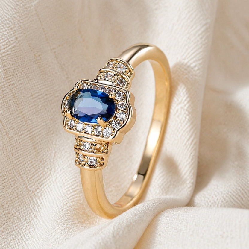 Anillo halo de zafiro y cristal, estilo herencia