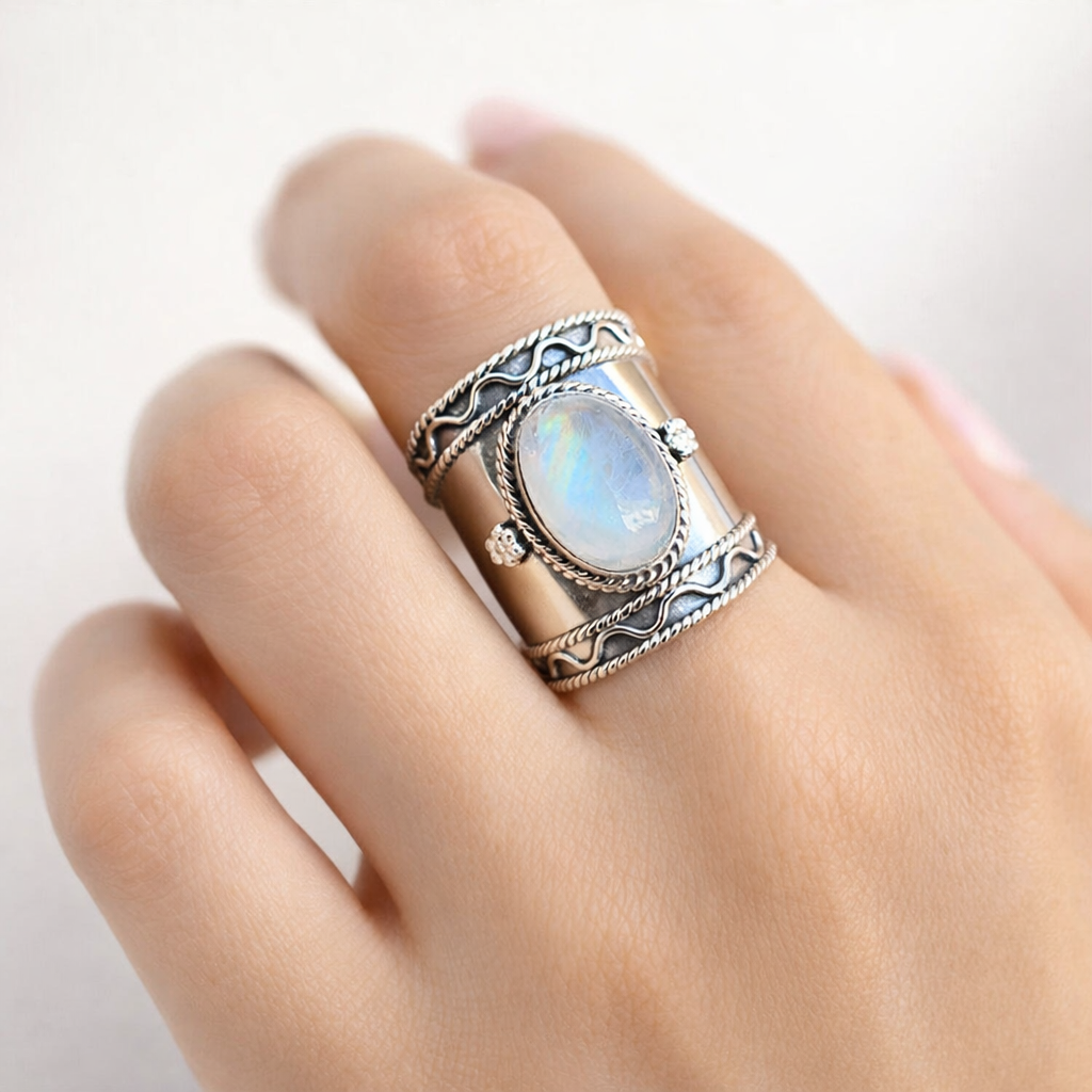Anillo etéreo de piedra lunar envejecido