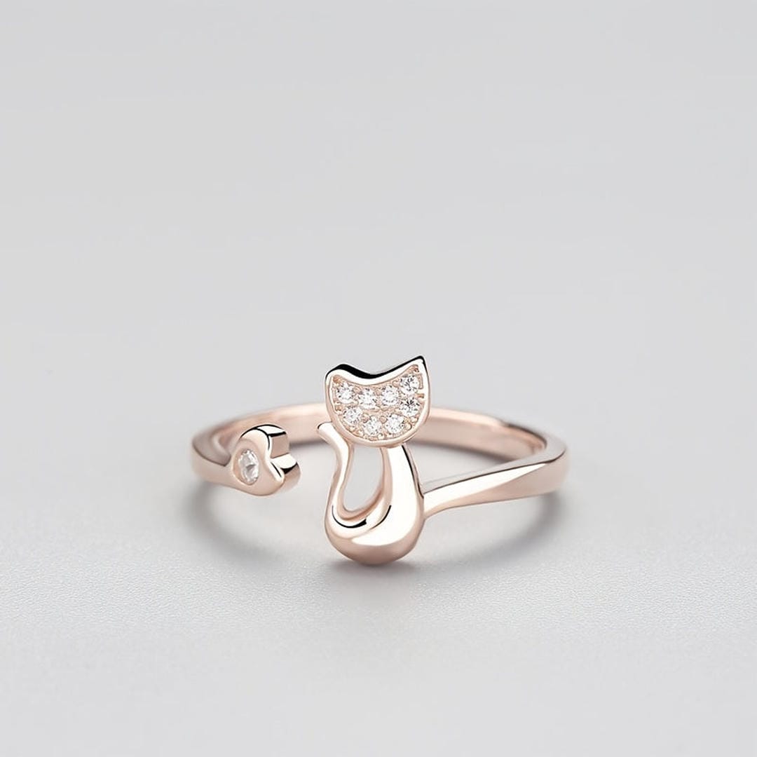 Anillo abierto de circonita con gato – imagen 3