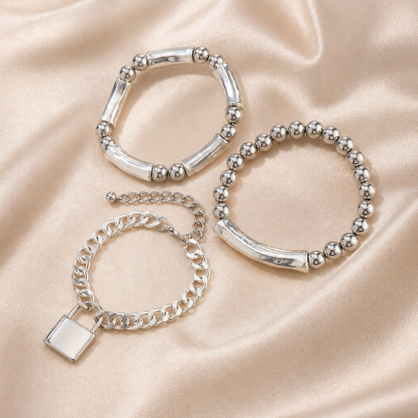 Set de pulseras de cuentas punk con cierre de candado en tono oro blanco