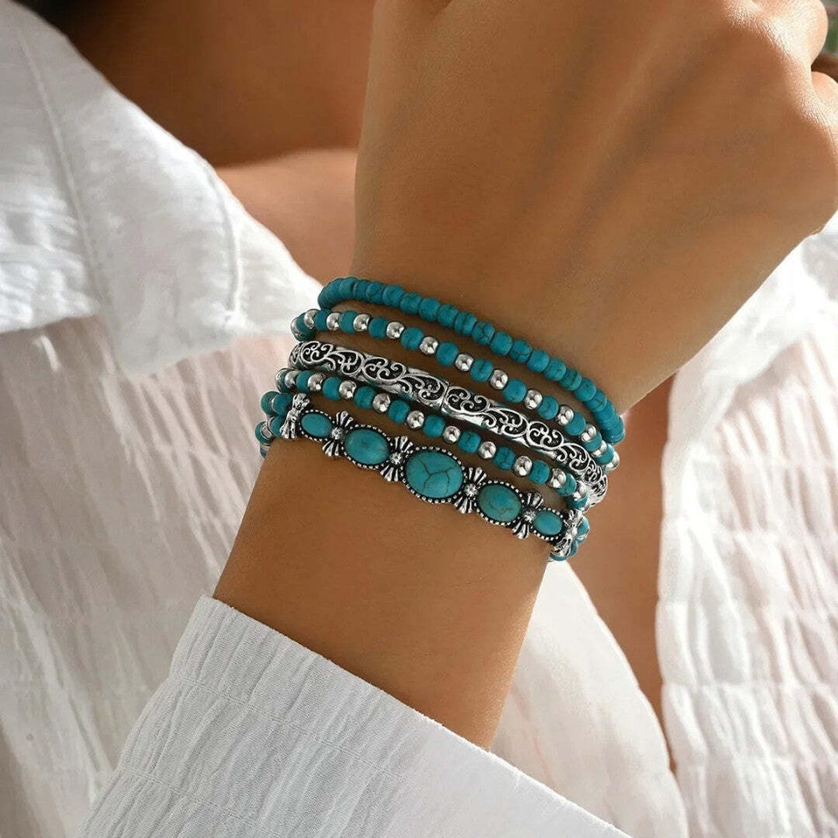 Set de pulseras boho de cuentas en turquesa – imagen 2