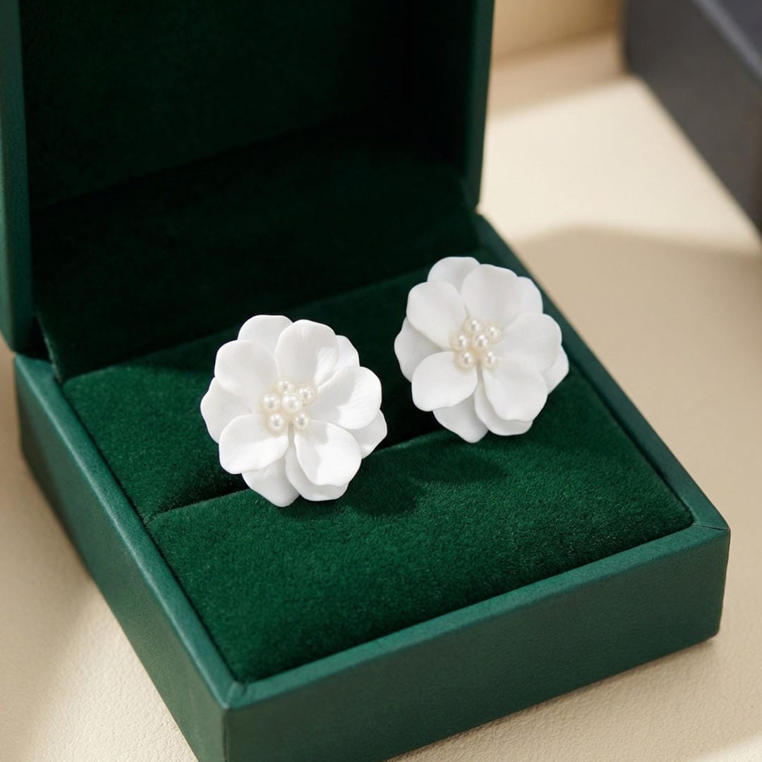 Pendientes de perla blanca con flor central