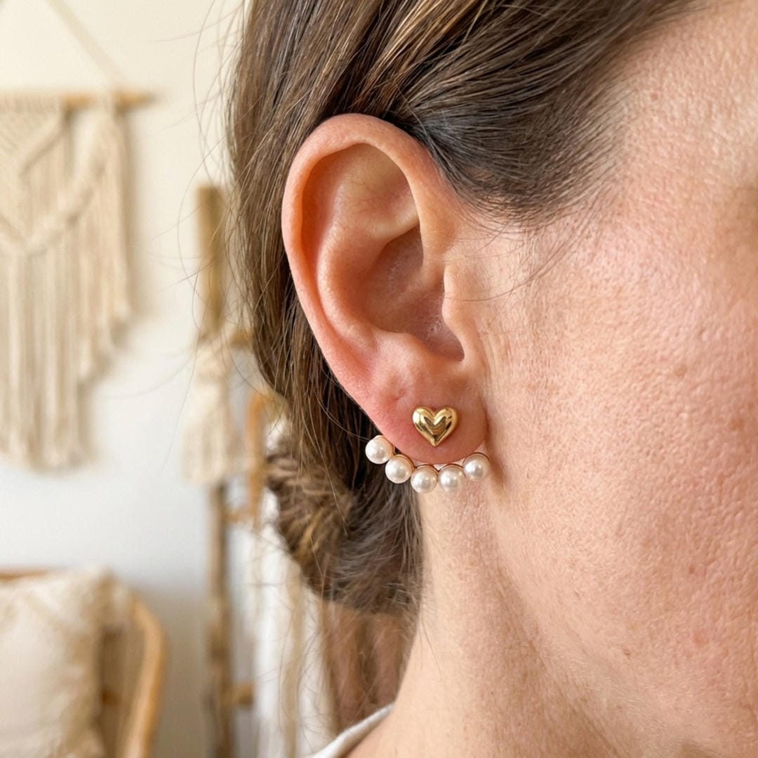 Pendientes de corazón con ear jacket de perla – imagen 2