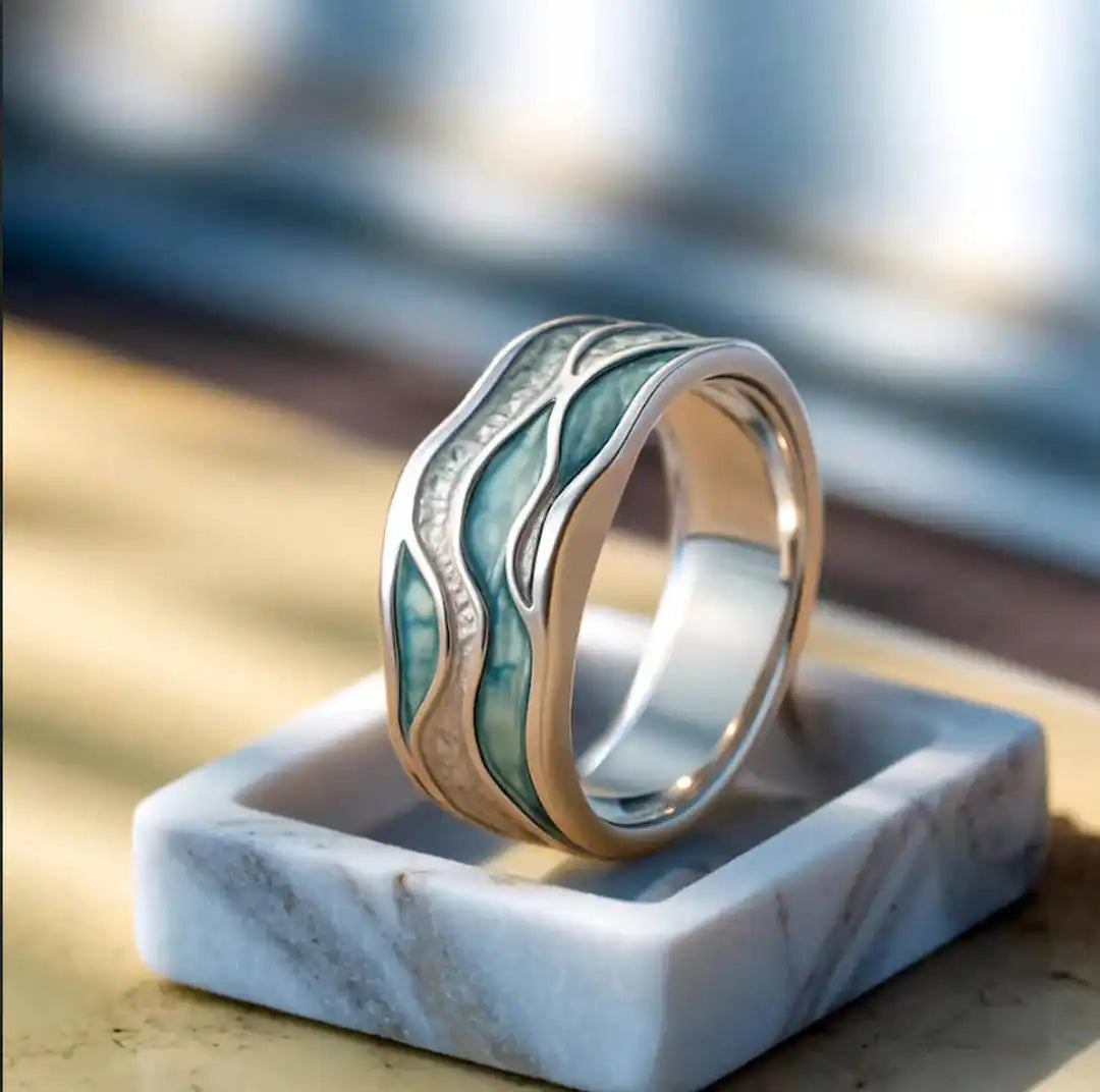 Anillo de plata con turquesa y ola del mar – imagen 2