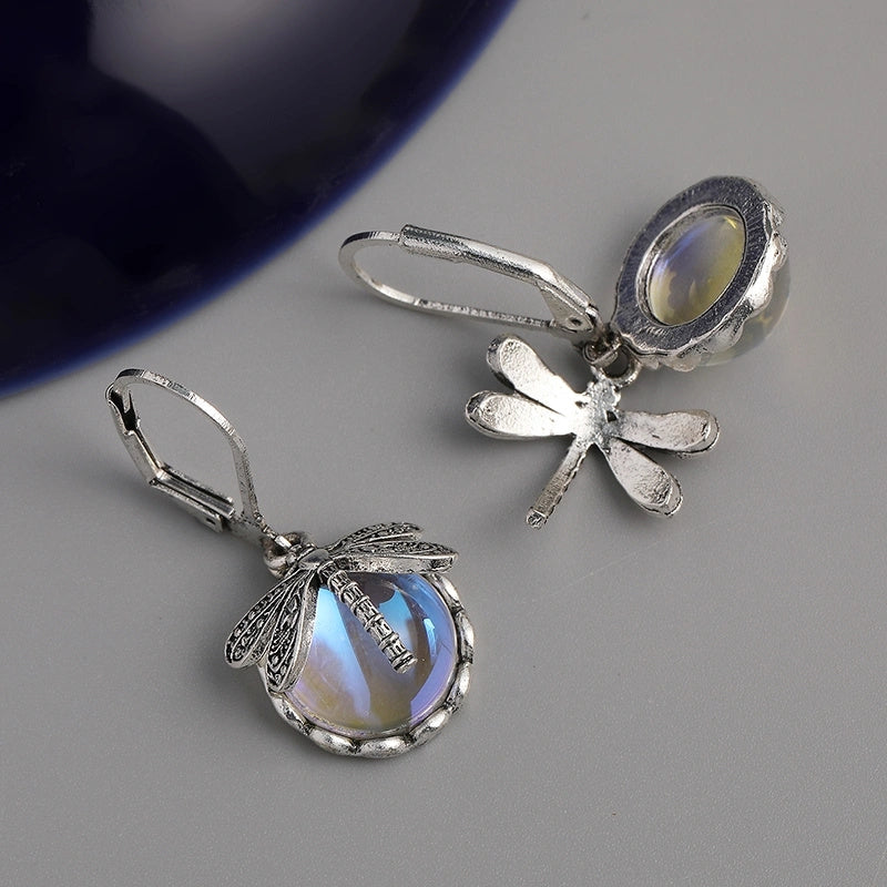 7.4k | Pendientes vintage de piedra de luna y libélula – imagen 2