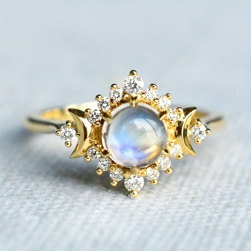 Anillo bohemio de piedra luna con sol apilable
