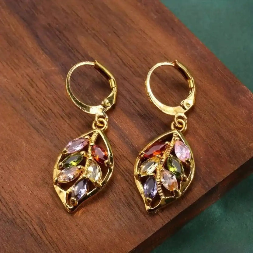 Pendientes vintage de hoja dorada y colores