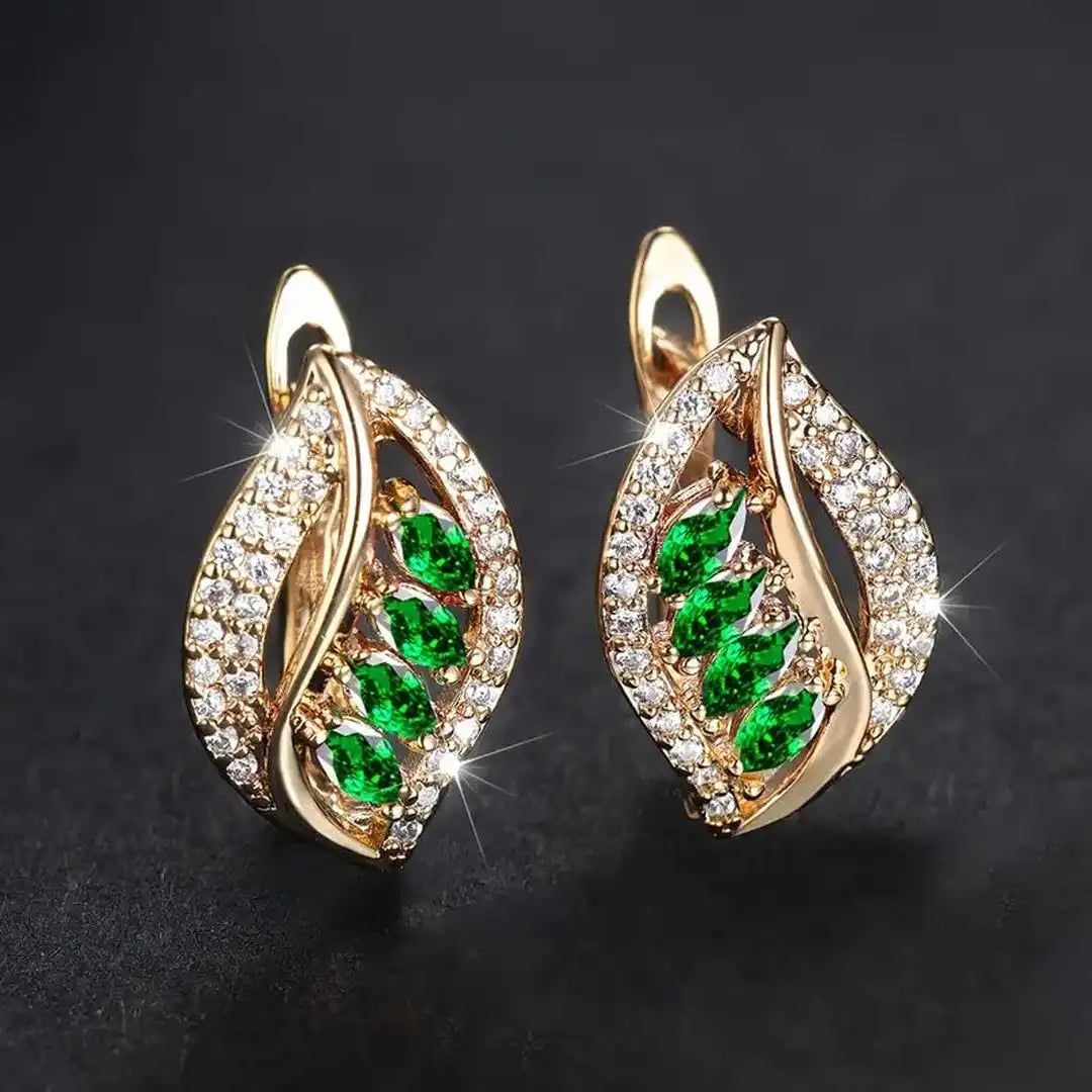 Pendientes brillantes con hoja y cristal esmeralda – imagen 2