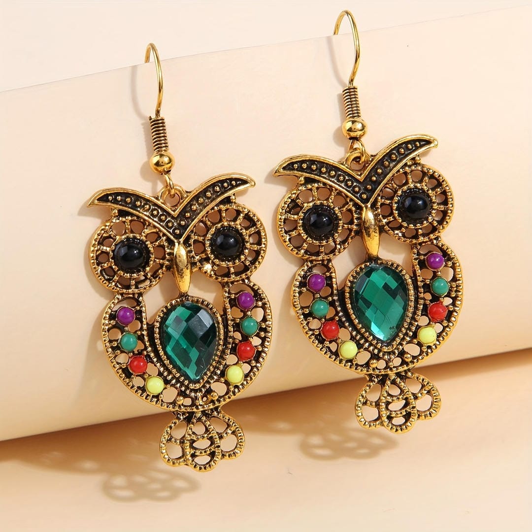 Pendientes colgantes vintage de búho con gema – imagen 2