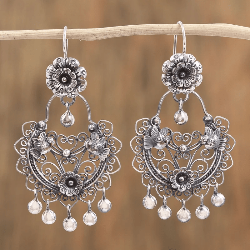 Pendientes retro de pájaro floral con flecos