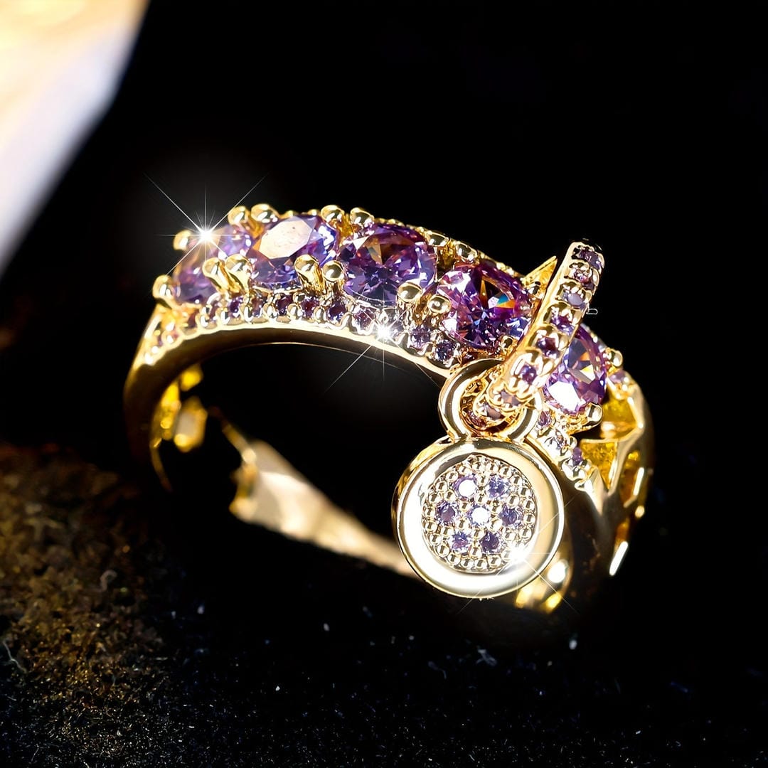 Anillo de diseño llamativo de lavanda con halo — Carmen, Lucía & Rocío