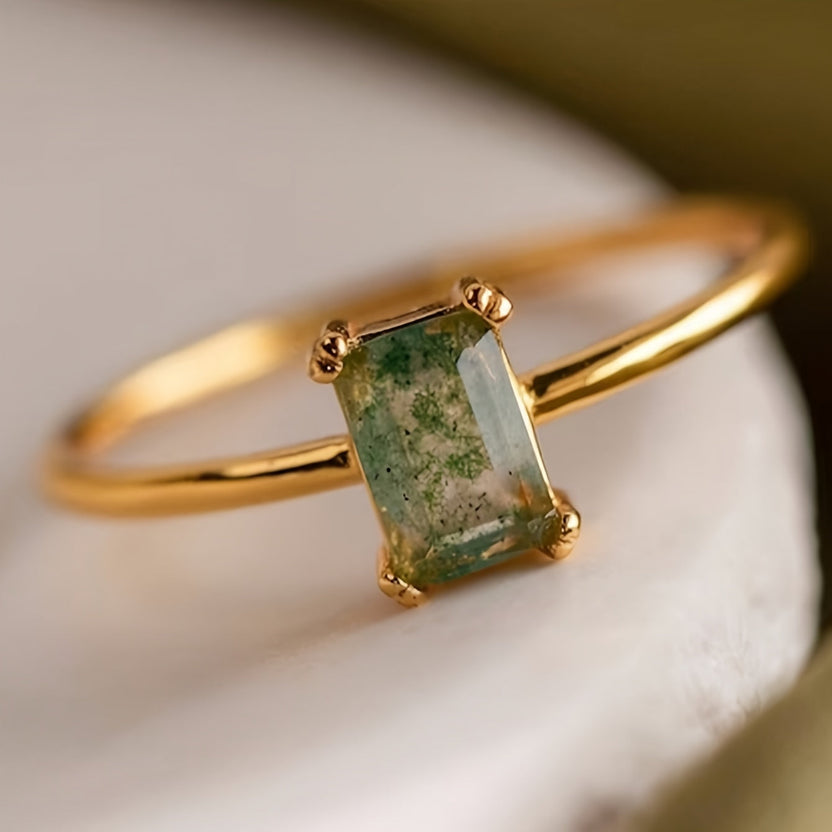 Anillo de promesa de ágata musgo rectangular