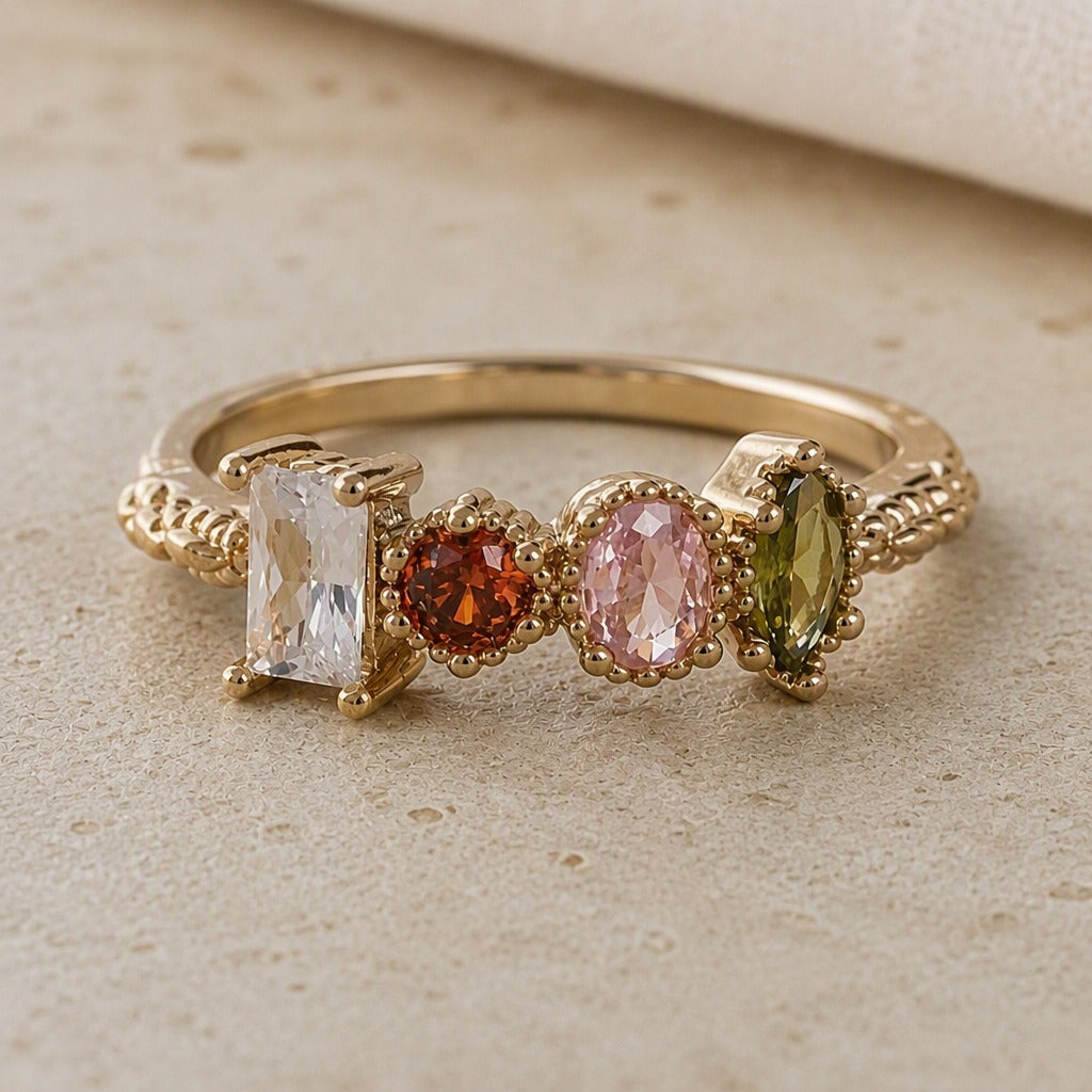 Anillo llamativo multicolor con piedras preciosas