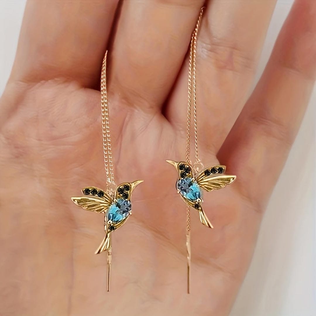 Pendientes de hilo con colibrí y gema – imagen 3