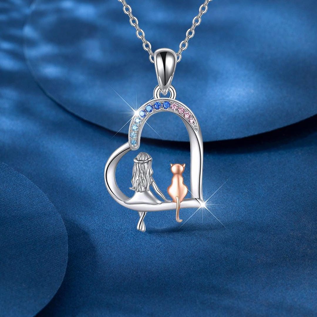 Collar con colgante de corazón arcoíris de niña y gato