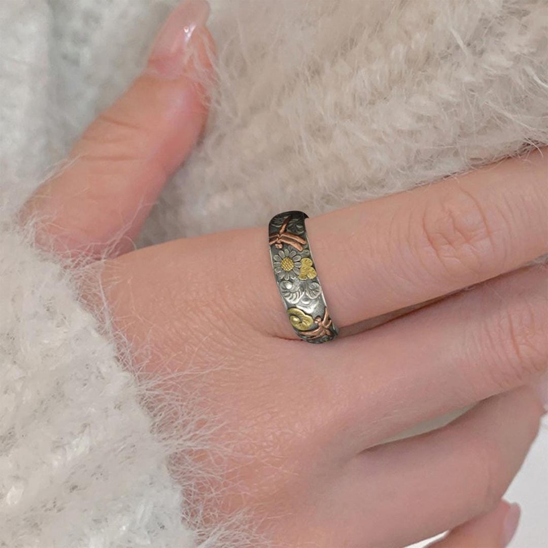 Anillo vintage de girasol y libélula – imagen 2