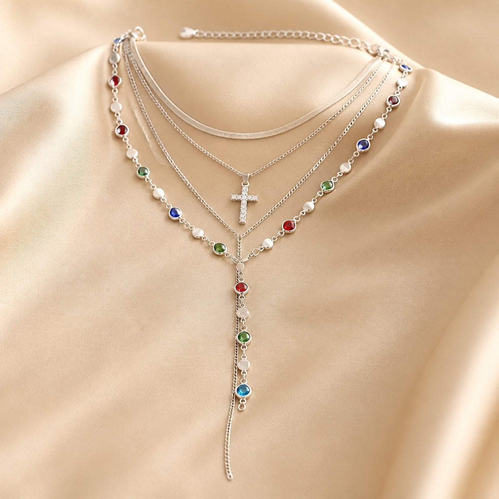 Set de collar de piedras de colores en oro blanco