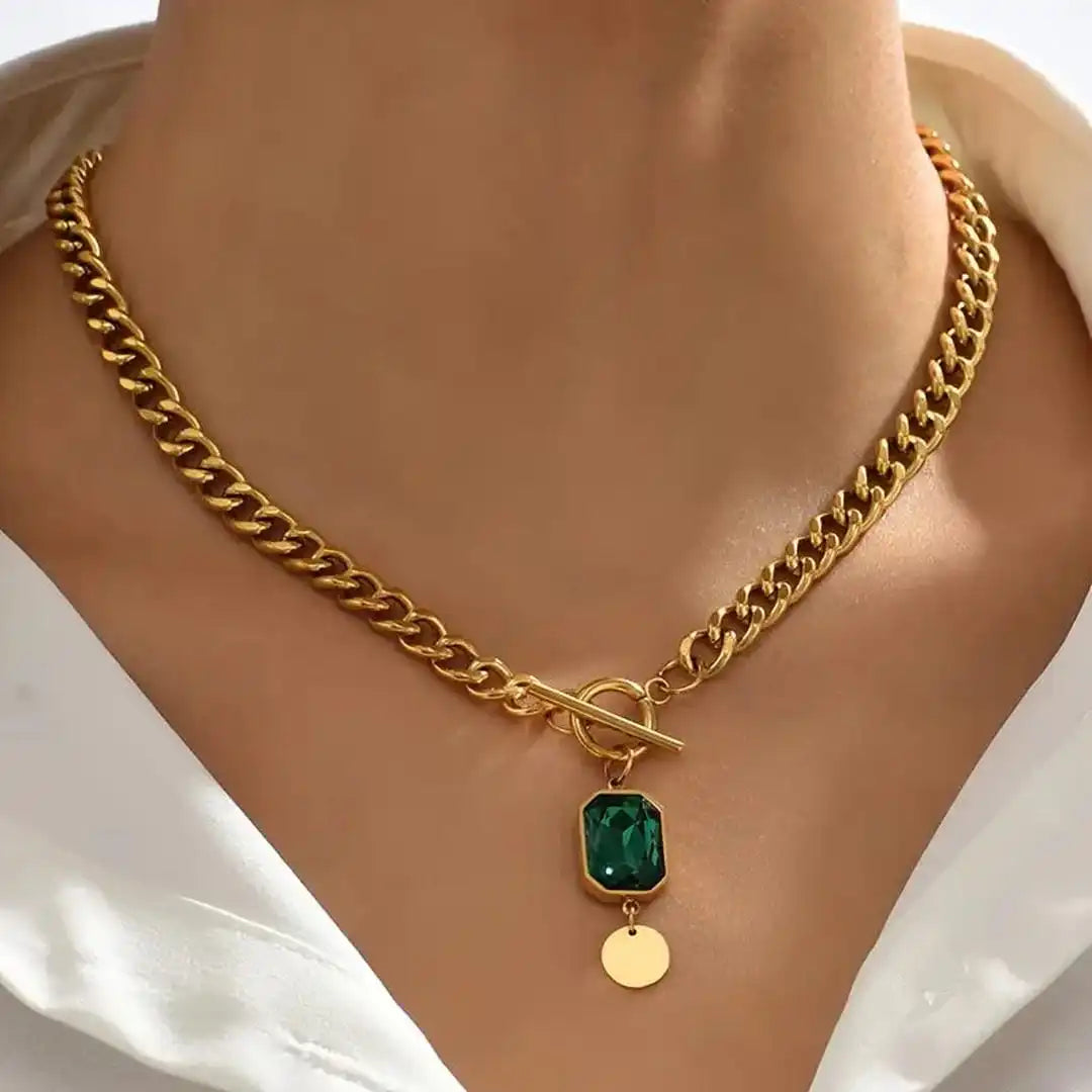 Collar de cadena gruesa con colgante de esmeralda dorado – imagen 3