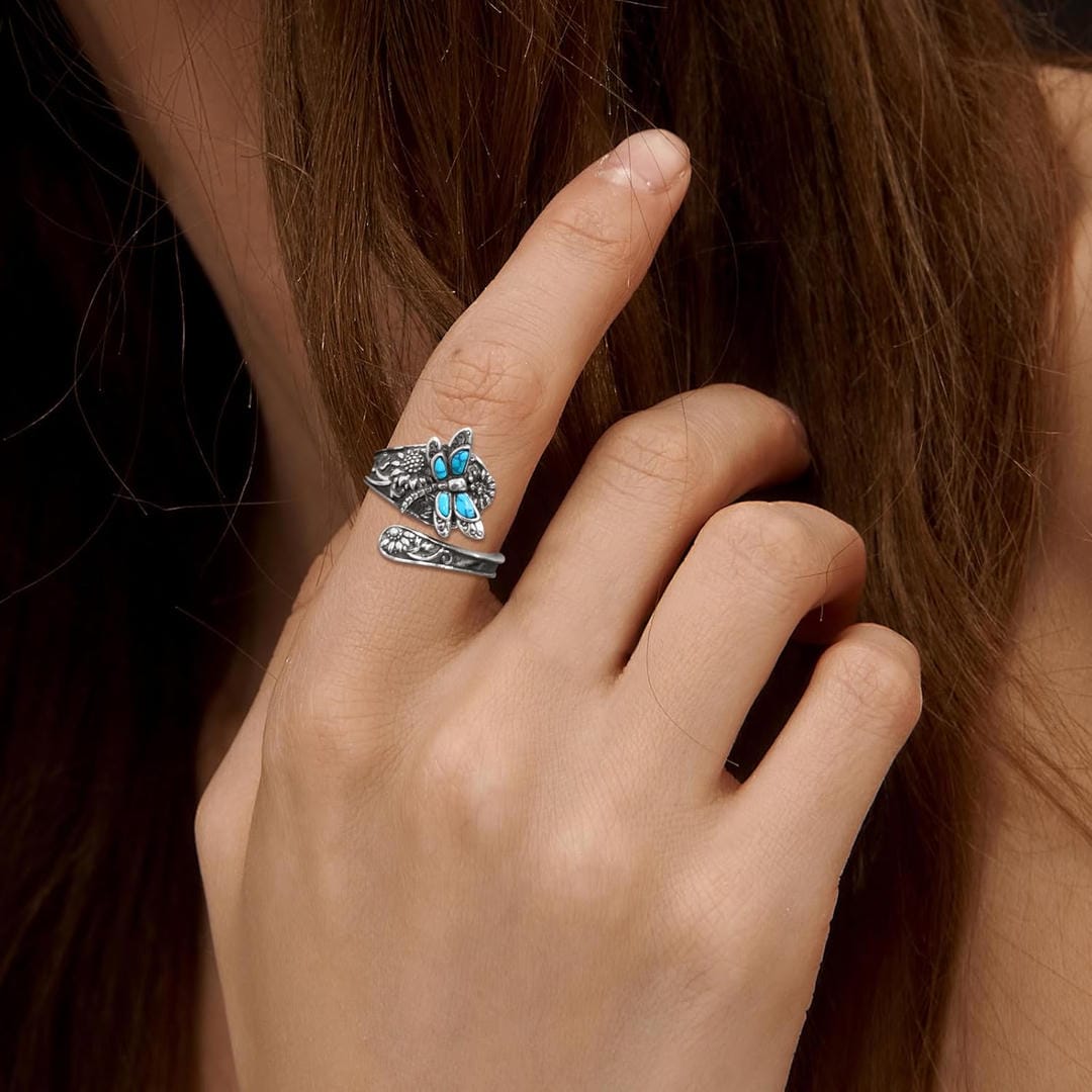 Anillo ajustable de plata con turquesa y libélula – imagen 2