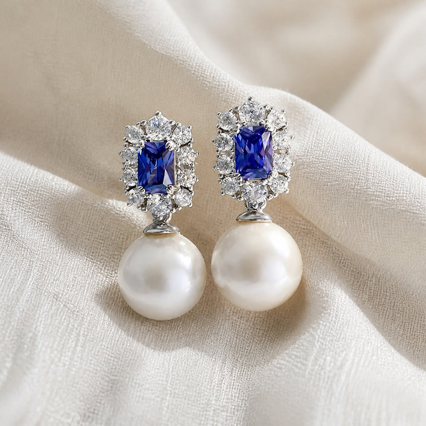Pendientes vintage de perla y zafiro