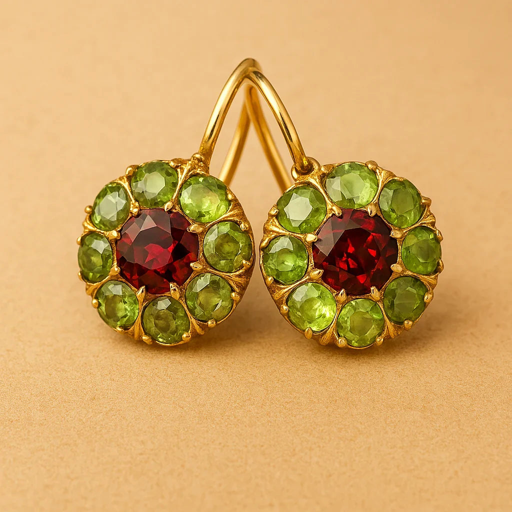 Pendientes retro redondos de cristal en verde y rojo